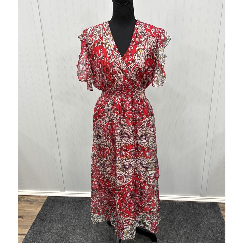 Le Ragazze Women's Large Red Made in Italy Floral Silk Blend Midi Dress Designer